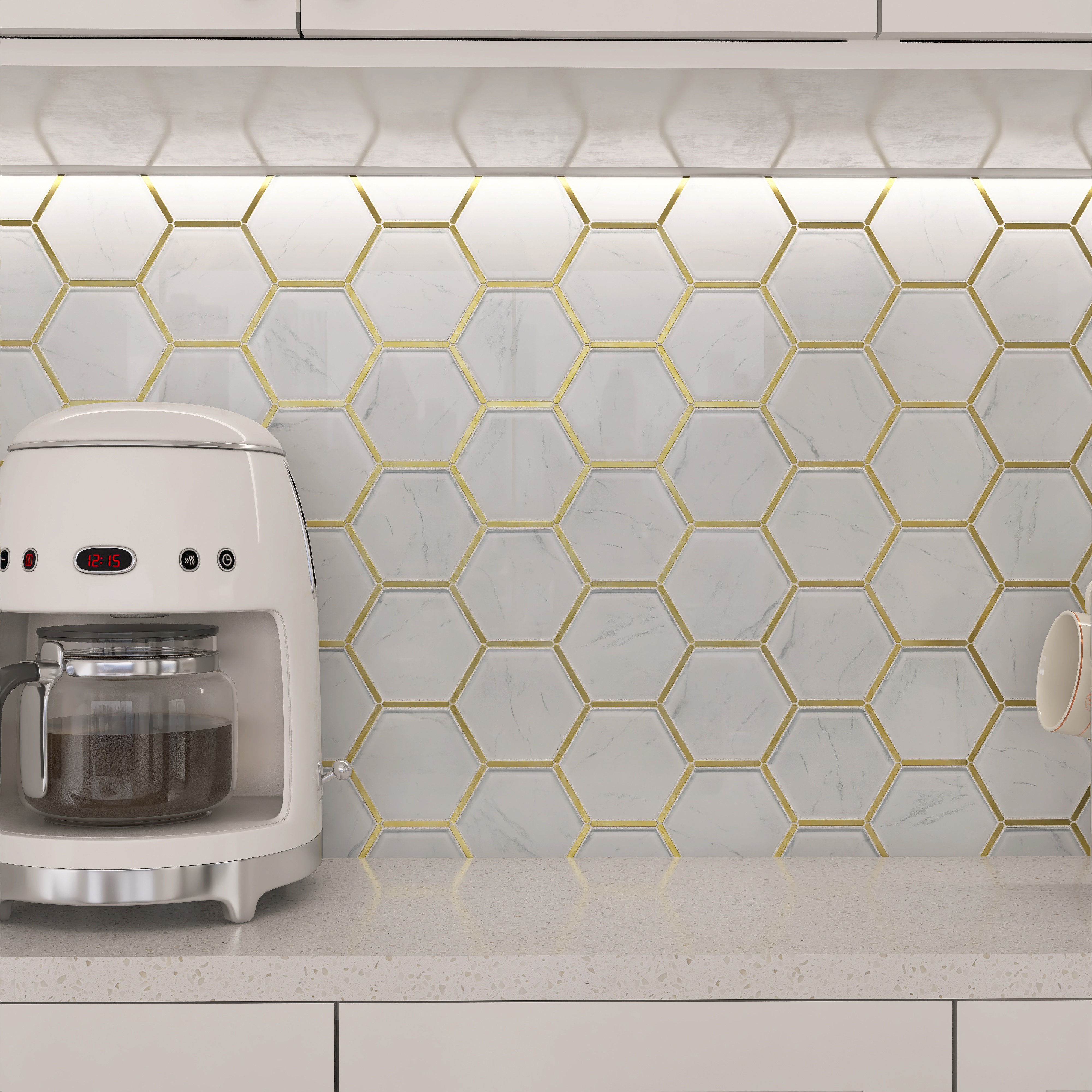 Modket Super White Calacatta Color Crystal Glass Gold Metal Trim